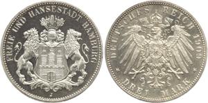 Alemania 3 marcos 1909 J "Hamburg" en subasta WAG - 16 de febrero de 2025