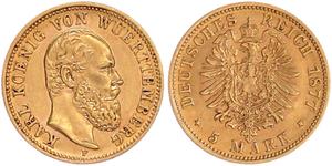 Германия 5 марок 1877 F "Вюртемберг" на аукционе Teutoburger - 8 марта 2025