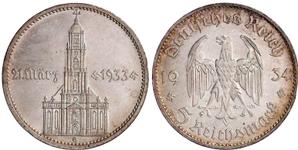 Germany 5 Reichsmark 1934 G "Garrison Church (with date)" at auction Teutoburger - March 8, 2025