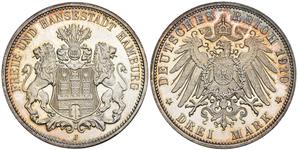 Alemania 3 marcos 1910 J "Hamburg" en subasta Künker - 7 de marzo de 2025