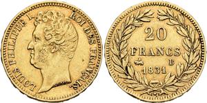 Francja 20 franków 1831 B "Rant wypukły" na aukcji Leu - March 17, 2025