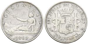 Spain 1 Peseta 1869 SNM at auction ibercoin - April 3, 2025