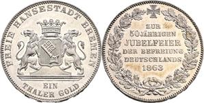Bremen Tálero 1863 "50º Aniversario de las Guerras de Liberación" en subasta Busso Peus - 30 de abril de 2025