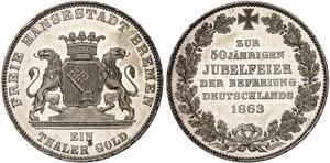 Bremen Tálero 1863 "50º Aniversario de las Guerras de Liberación" en subasta Grün - 14 de mayo de 2025