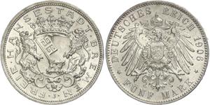 Deutschland 5 Mark 1906 J "Bremen" auf der Auktion WAG - 11. Mai 2025