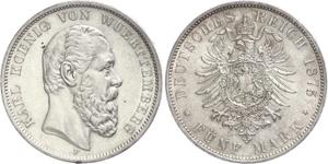 Германия 5 марок 1876 F "Вюртемберг" на аукционе WAG - 11 мая 2025