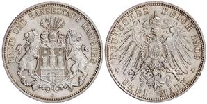 Alemania 3 marcos 1909 J "Hamburg" en subasta Teutoburger - 6 de junio de 2025