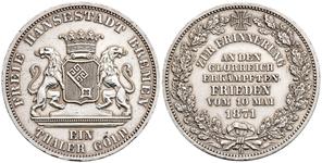 Bremen Tálero 1871 B "Victoria sobre Francia" en subasta Künker - 24 de mayo de 2025