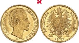 Alemania 20 marcos 1872 D "Bavaria" en subasta Künker - 5 de julio de 2025
