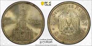 Deutschland 2 Reichsmark 1934 E "Garnisonkirche mit Datum" auf der Auktion Stephen Album - 15. Juli 2025
