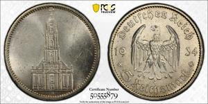 Deutschland 5 Reichsmark 1934 A "Garnisonskirche ohne Datum" auf der Auktion Stephen Album - 15. Juli 2025