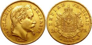 Francia 20 francos 1867 BB en subasta AURORA - 15 de mayo de 2025