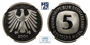 Deutschland 5 Mark 2001 J auf der Auktion MS67 - 12. April 2025