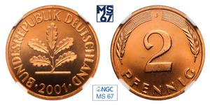 Deutschland 2 Pfennig 2001 J auf der Auktion MS67 - 12. April 2025