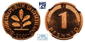 Deutschland 1 Pfennig 2001 J auf der Auktion MS67 - 12. April 2025