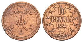 Finland 10 Pennia 1865 at auction Russiancoin - June 26, 2025