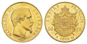Франция 50 франков 1859 A на аукционе Russiancoin - 10 июля 2025