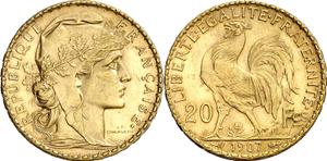 Francja 20 franków 1907 na aukcji Aureo & Calicó - 29 kwietnia 2025
