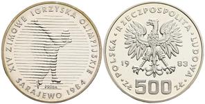 Polska 500 złotych 1983 MW "XIV Zimowe Igrzyska Olimpijskie - Sarajewo 1984" (Próba) na aukcji Zöttl - 5 lipca 2025