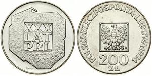 Poland 200 Zlotych 1974 MW JMN "30 years of Polish People's Republic" at auction Numisbalt - July 13, 2025