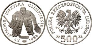 Polska 500 złotych 1987 MW ET "XV Zimowe Igrzyska Olimpijskie - Calgary 1988" na aukcji Katz - 17 sierpnia 2025