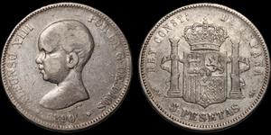 Hiszpania 5 peset 1890 MPM na aukcji Davissons Ltd. - 21 maja 2025