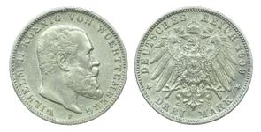 Германия 3 марки 1909 F "Вюртемберг" на аукционе Numismática Leilões - 8 мая 2025