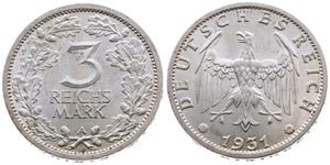 Германия 3 рейхсмарки 1931 A на аукционе Münzgalerie München MGM Handelsgesellschaft mbH & Co. Joker KG - 6 апреля 2025
