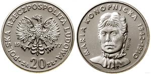 Polska 20 złotych 1977 MW "Maria Konopnicka" (Próba) na aukcji WCN - 8 grudnia 2022